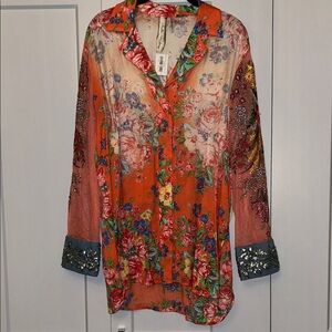 Aratta Floral Button Down Shirt - Orange and Blue